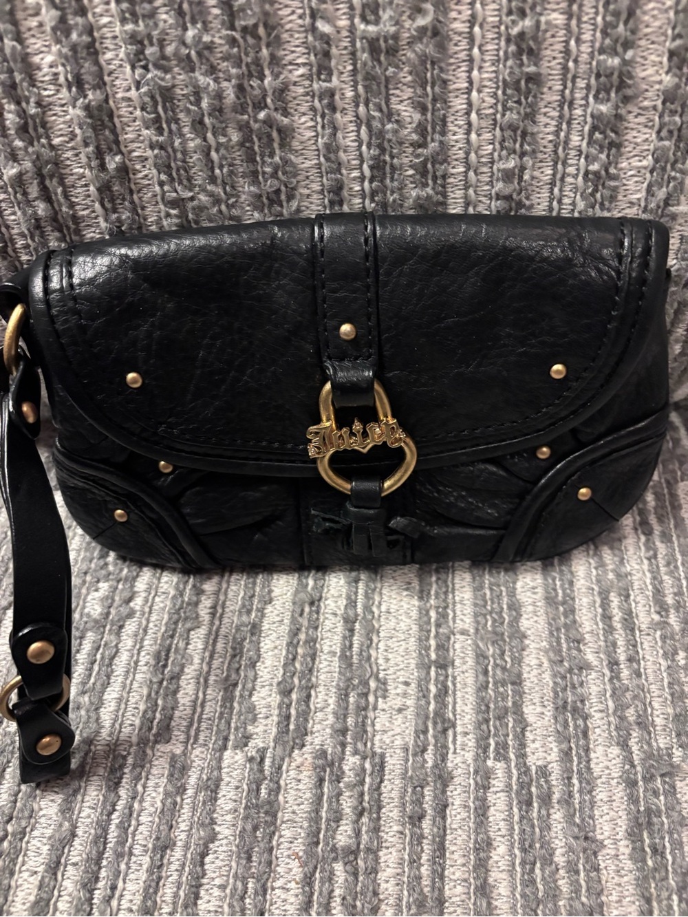 Juicy Couture Black Leather Wristlet Clutch with Gold Ring Logo